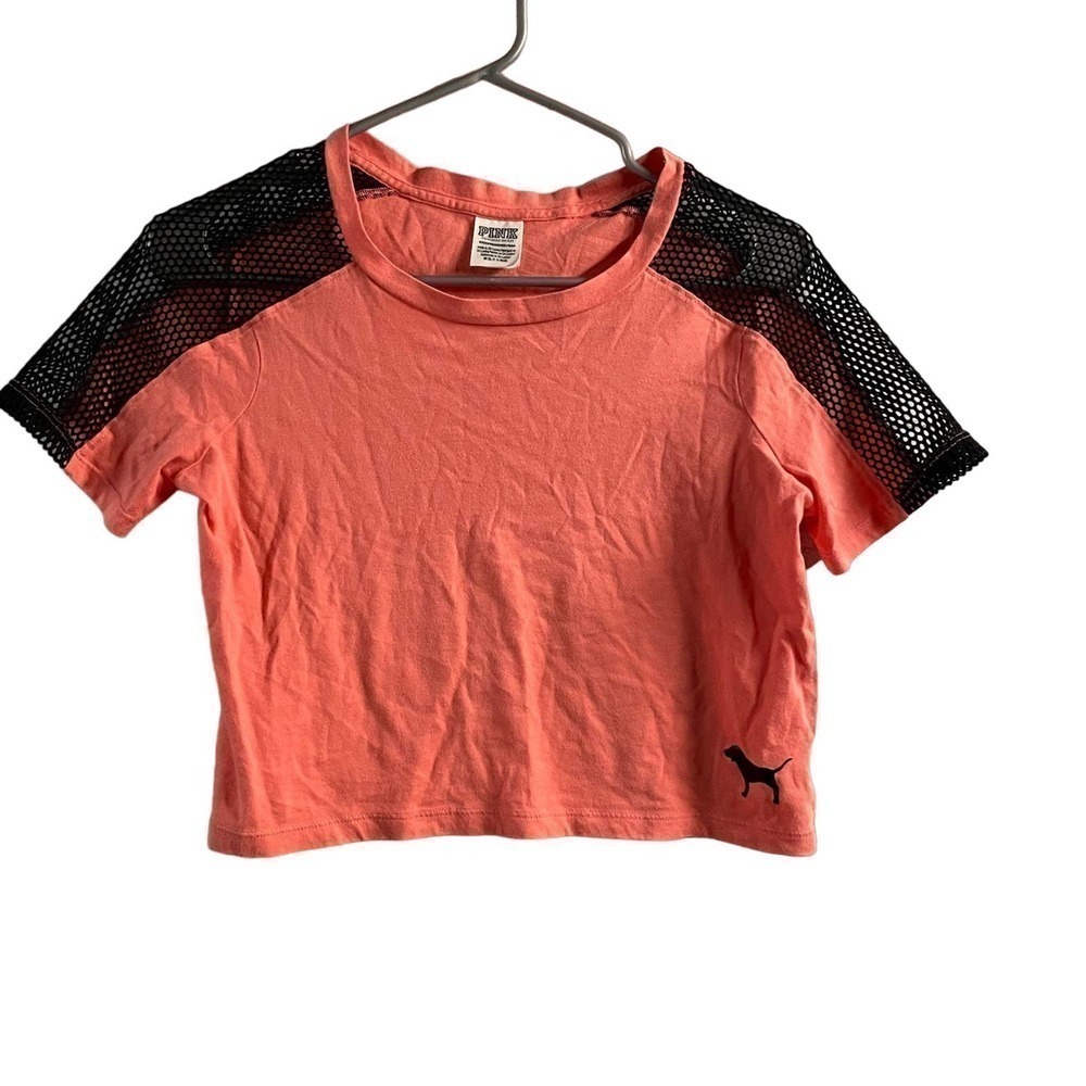 Pink Brand Cropped Tee with Mesh Accents XS Salmon Coral